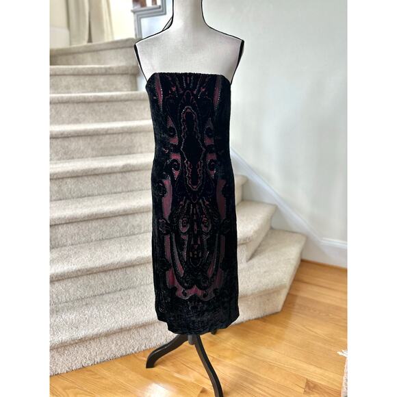 Vintage Y2K 90s Black Crushed Velvet Red Illusion Damask Strapless Dress - Picture 1 of 9